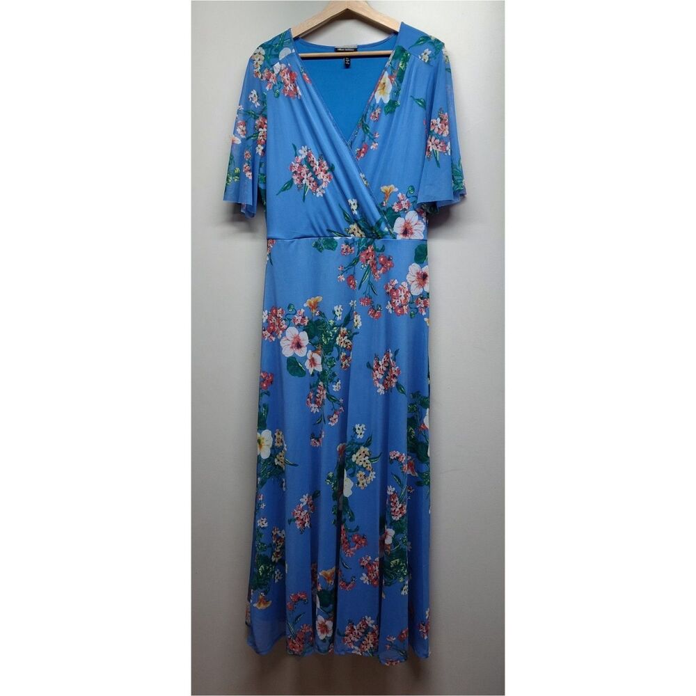 Allison Brittney Maxi Dress Women XL Blue Floral Short Sleeve Romantic Feminine